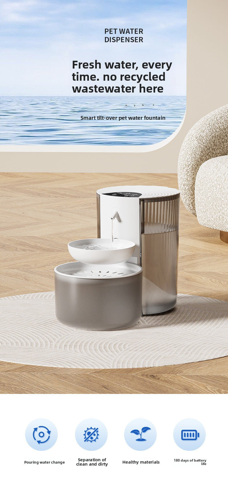 PawSmart TiltFlow — Smart Tilt-Pour Pet Water Fountain | Heated | Silent | Large Capacity
