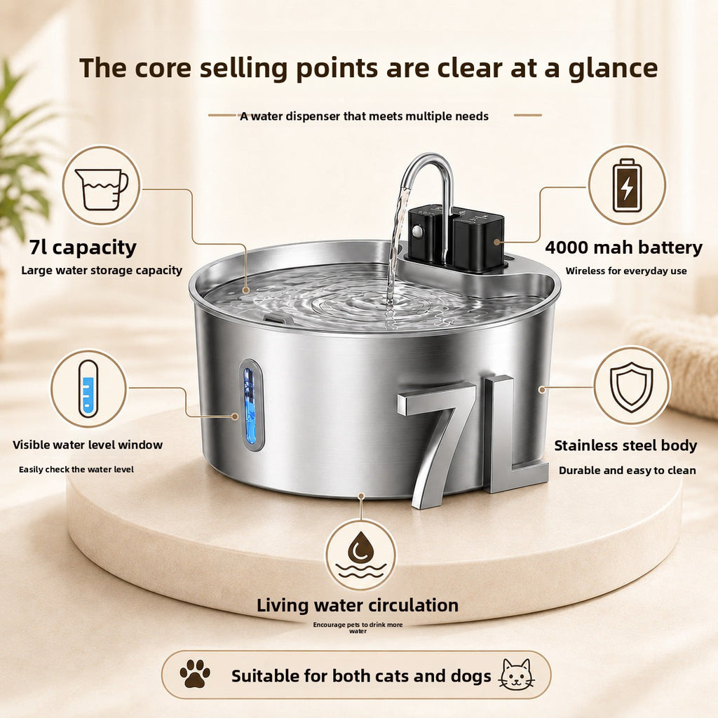 PawSmart AquaMax 7L — Wireless Smart Pet Water Fountain with Silent Pump & Auto Sensor